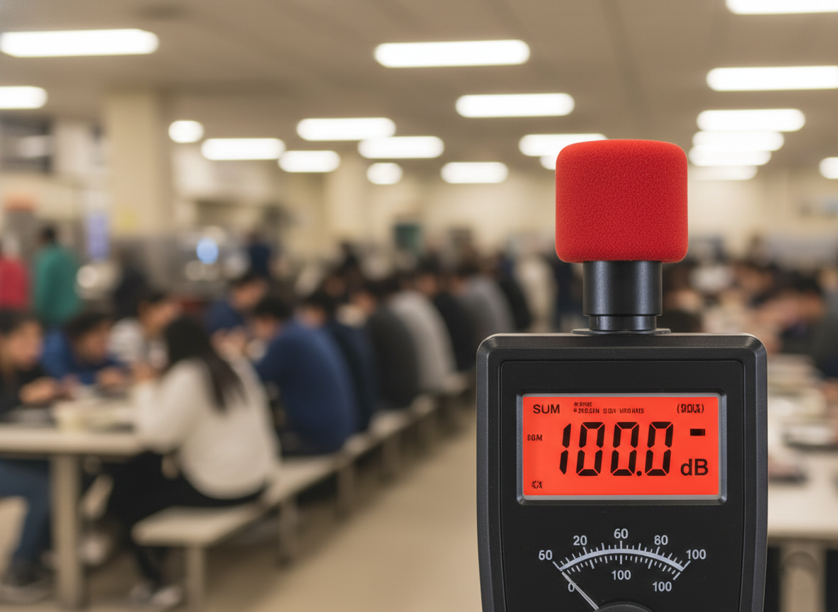 Sound level meter showing 100 dB in a noisy school cafeteria
